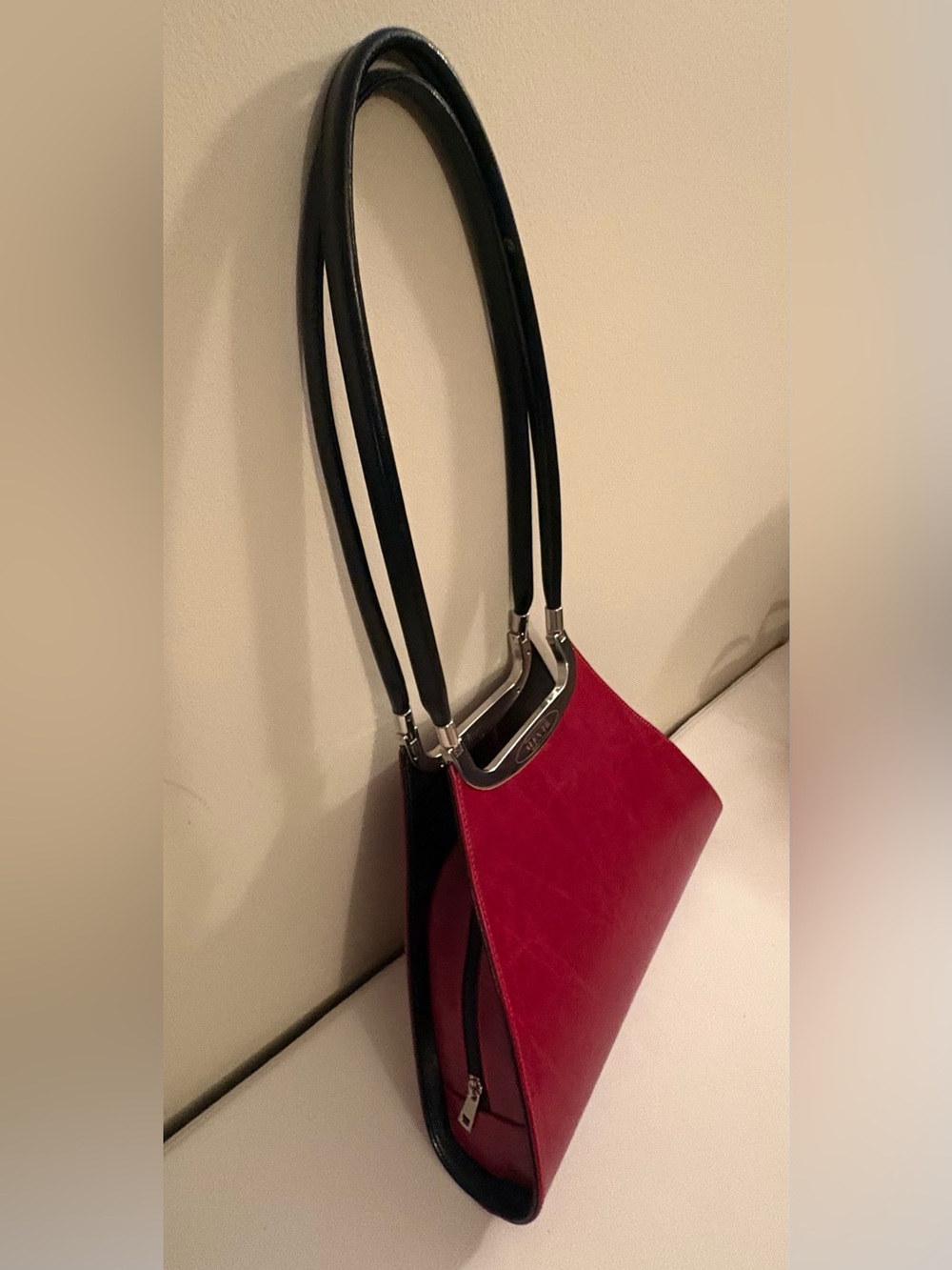 Red Leather Made in Italy Shoulder Bag with Double Black Handles